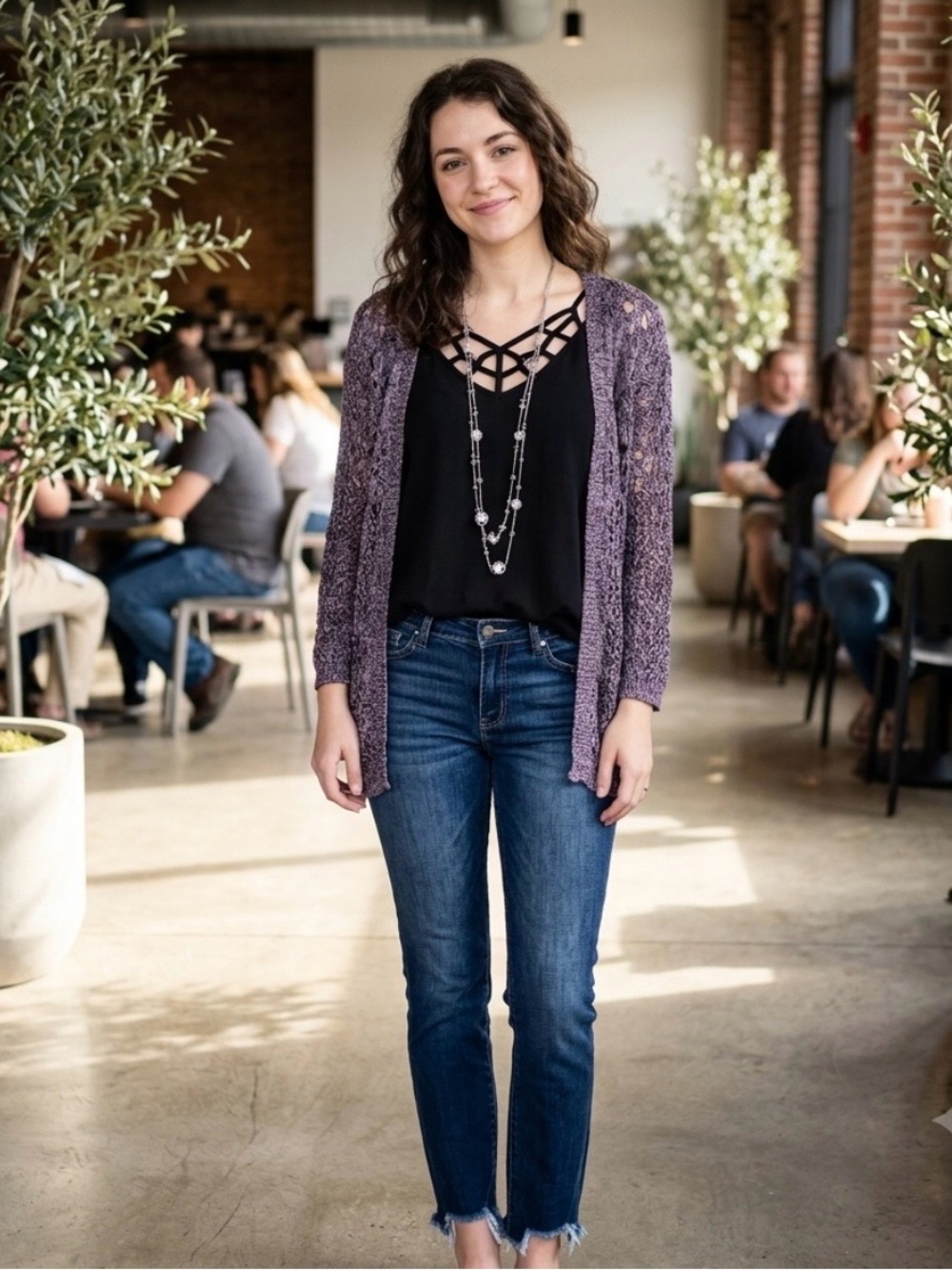 Cozy Open-Knit Lavender Gray Cardigan Sweater.